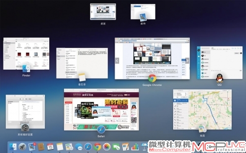 OS X Yosemite上的Mission Control。