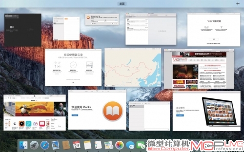 更加简洁的Mission Control还会将窗口按照它们在桌面上的相应位置进行排布，你可以更快找到想要的那个窗口，非常方便。而当你有很多窗口相互挤占桌面时，现在也有了更简单的方式来给它们腾出更多空间，只需将任何一个窗口拖至屏幕顶部，就能把它放入全新的桌面空间中，多桌面的概念已经在OS X上诞生很久，这一次带来的体验更佳。此外，将某个应用窗口拖动到边框，能够自动调整该窗口的大小，OS X El Capitan在窗口管理方面优化的足够到位。